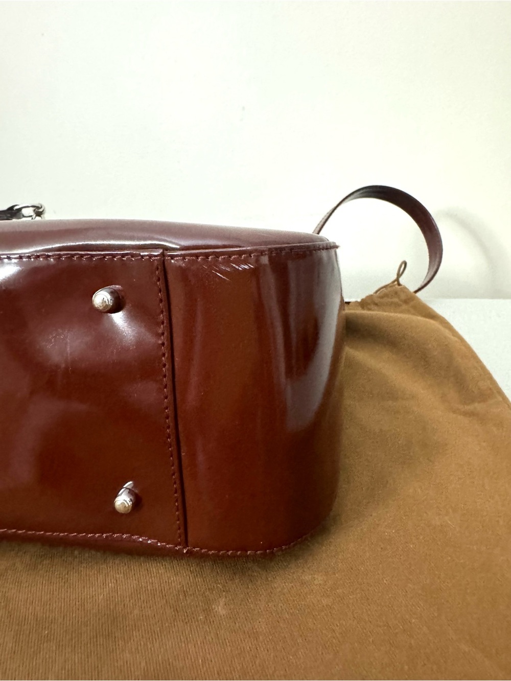 Authentic Gucci Glossy Brown Patent Leather Satchel with Double G Emboss - Picture 6 of 16